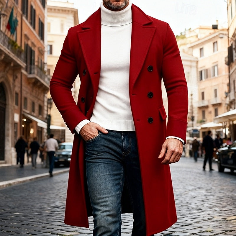 Long Overcoat Men's Double-Breasted Camel Brown Lapel Trench Coat – Casual, Office, Winter, Gift