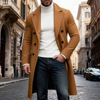 Long Overcoat Men's Double-Breasted Camel Brown Lapel Trench Coat – Casual, Office, Winter, Gift