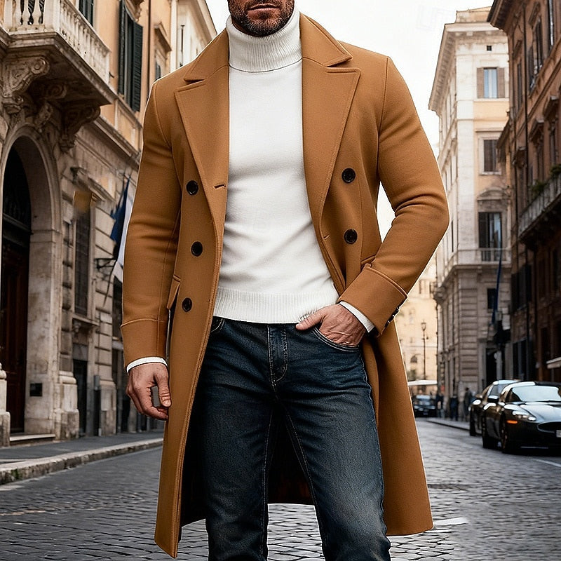 Long Overcoat Men's Double-Breasted Camel Brown Lapel Trench Coat – Casual, Office, Winter, Gift