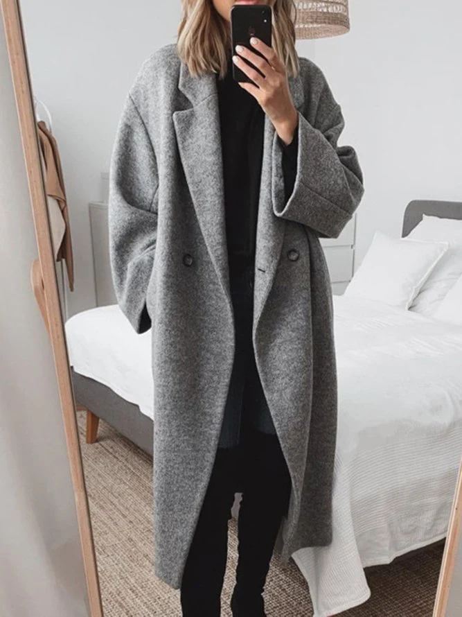 Long Overcoat Women's Grey Lapel Coat Double-Breasted – Casual, Office · Werune