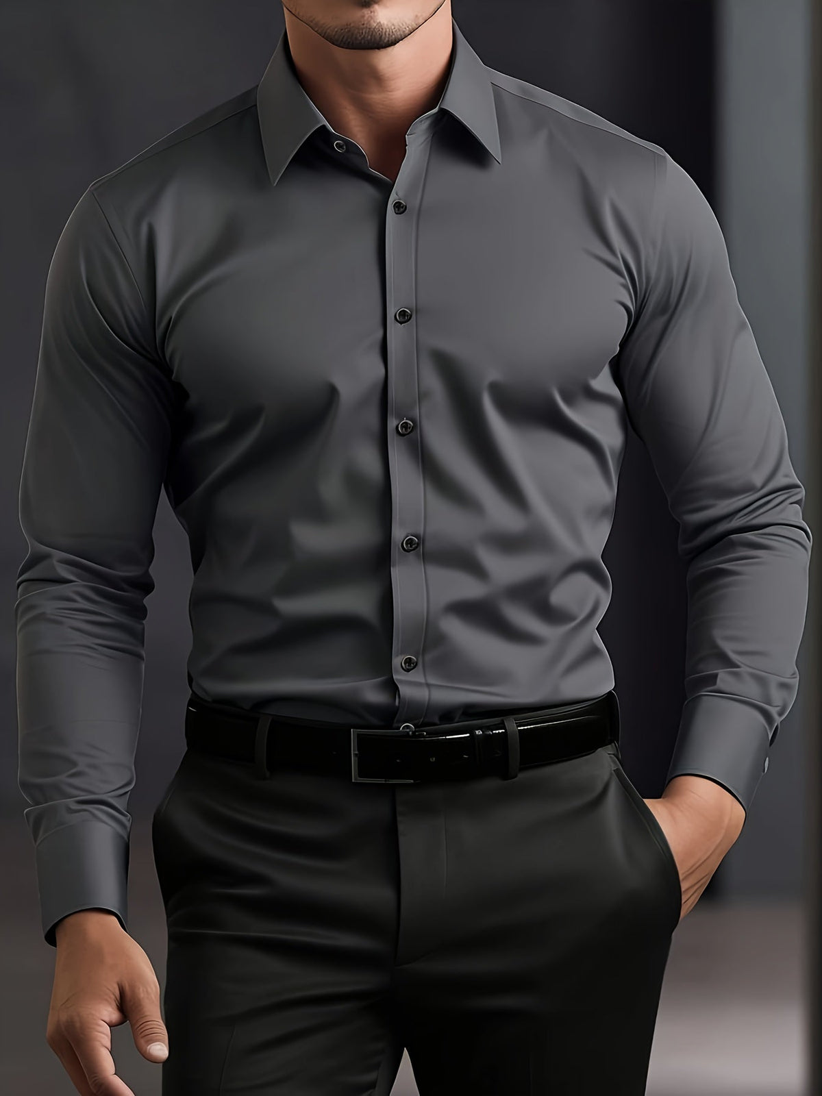 Long Sleeve Dress Shirt Black Slim Fit Men's Button-Up – Office, Formal, Casual, Gift