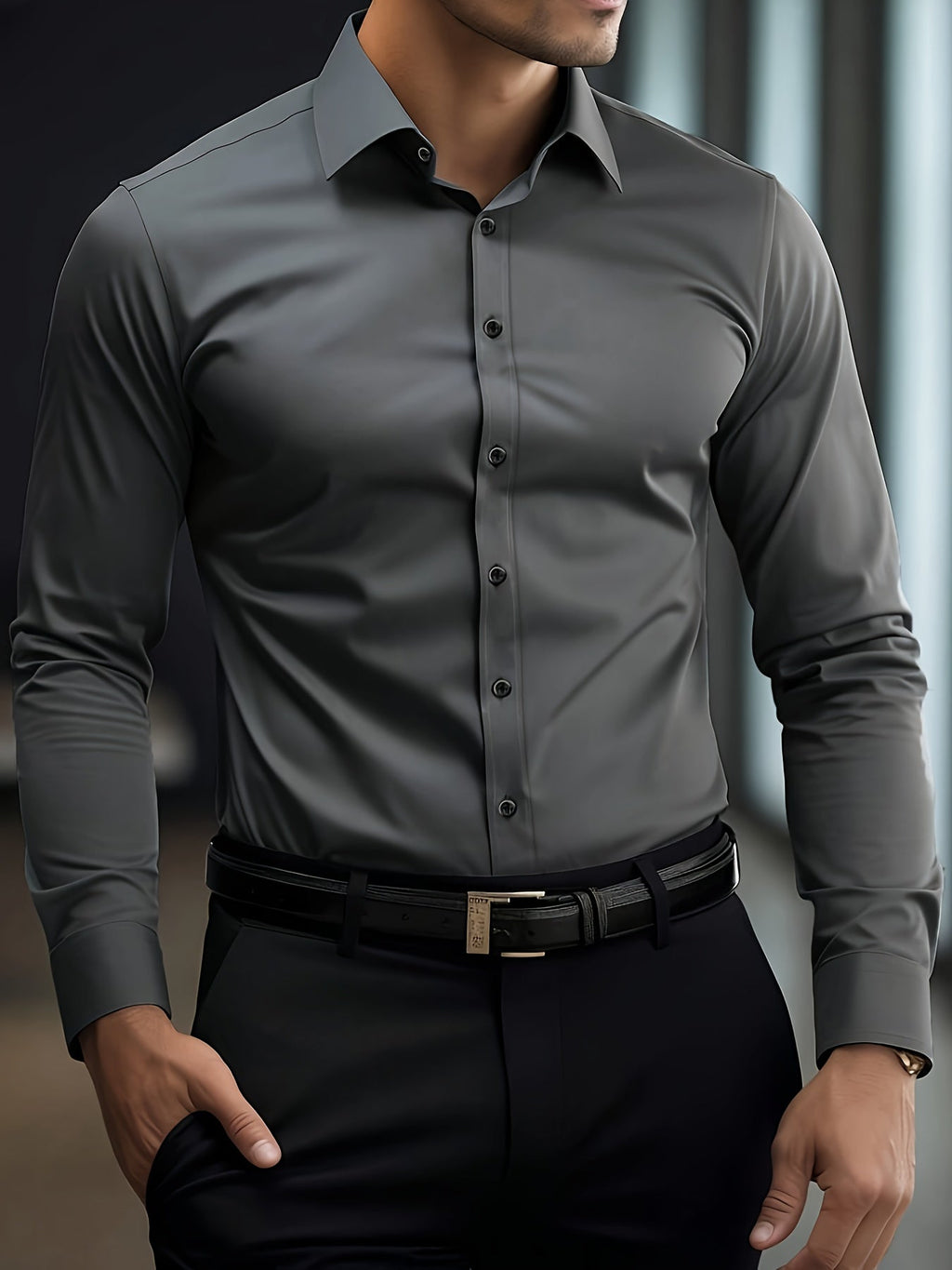 Long Sleeve Dress Shirt Black Slim Fit Men's Button-Up – Office, Formal, Casual, Gift