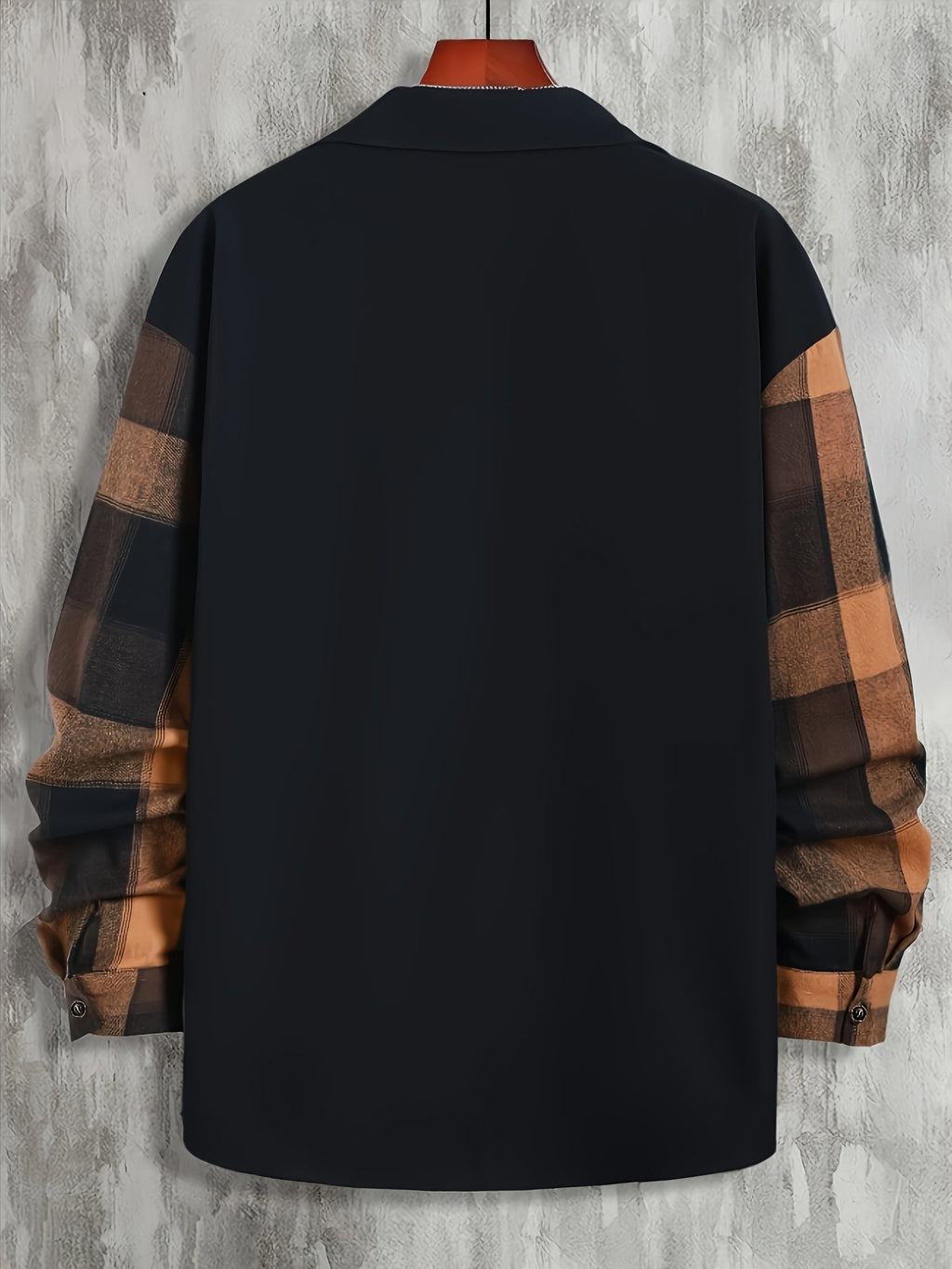 Long Sleeve Shirt Men's Black Brown Plaid Colour-Block Button-Up with Pockets – Casual, Office, Gift