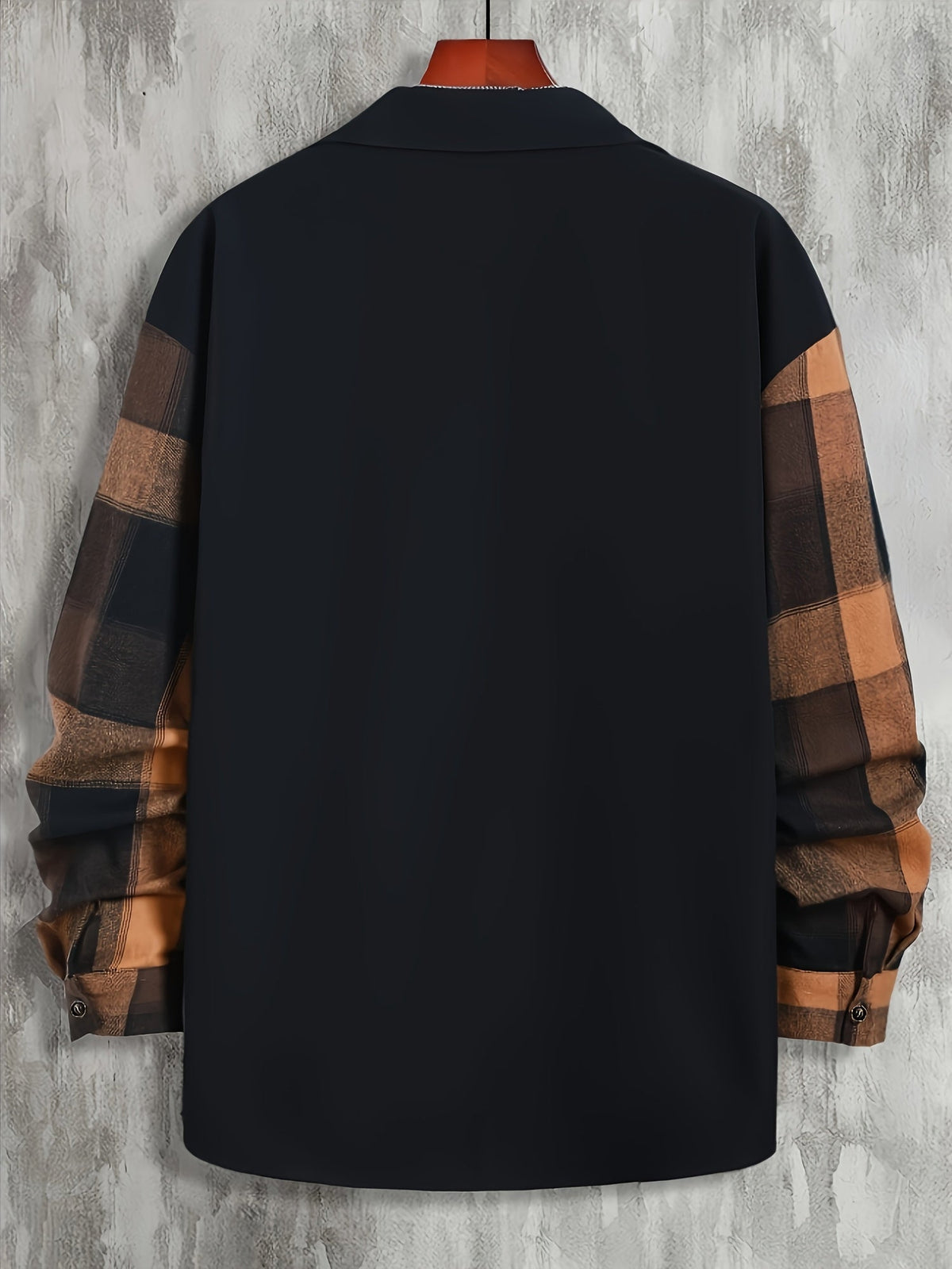 Long Sleeve Shirt Men's Black Brown Plaid Colour-Block Button-Up with Pockets – Casual, Office, Gift