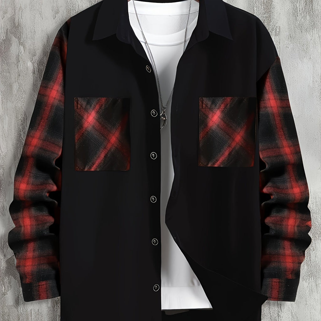 Long Sleeve Shirt Men's Black Brown Plaid Colour-Block Button-Up with Pockets – Casual, Office, Gift