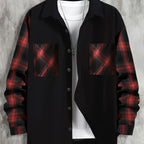 Long Sleeve Shirt Men's Black Brown Plaid Colour-Block Button-Up with Pockets – Casual, Office, Gift