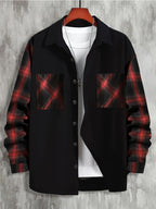 Long Sleeve Shirt Men's Black Brown Plaid Colour-Block Button-Up with Pockets – Casual, Office, Gift