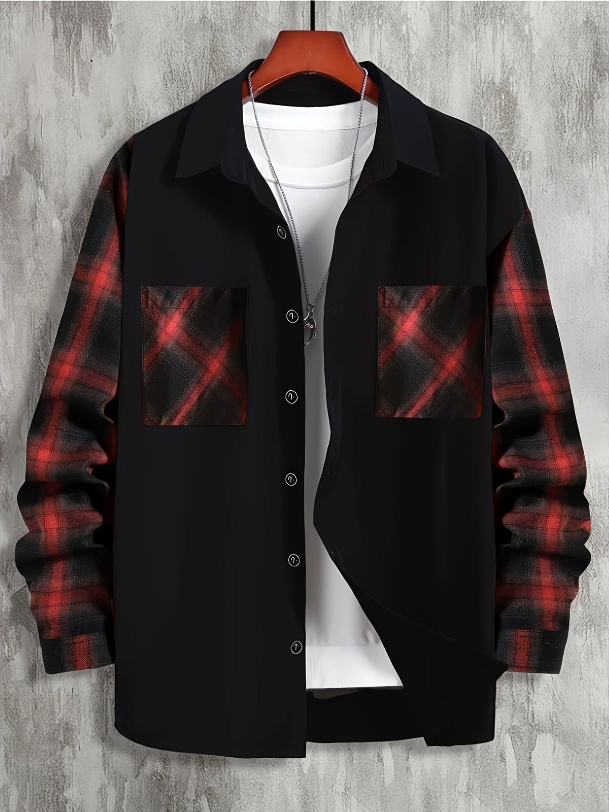 Long Sleeve Shirt Men's Black Brown Plaid Colour-Block Button-Up with Pockets – Casual, Office, Gift