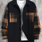 Long Sleeve Shirt Men's Black Brown Plaid Colour-Block Button-Up with Pockets – Casual, Office, Gift