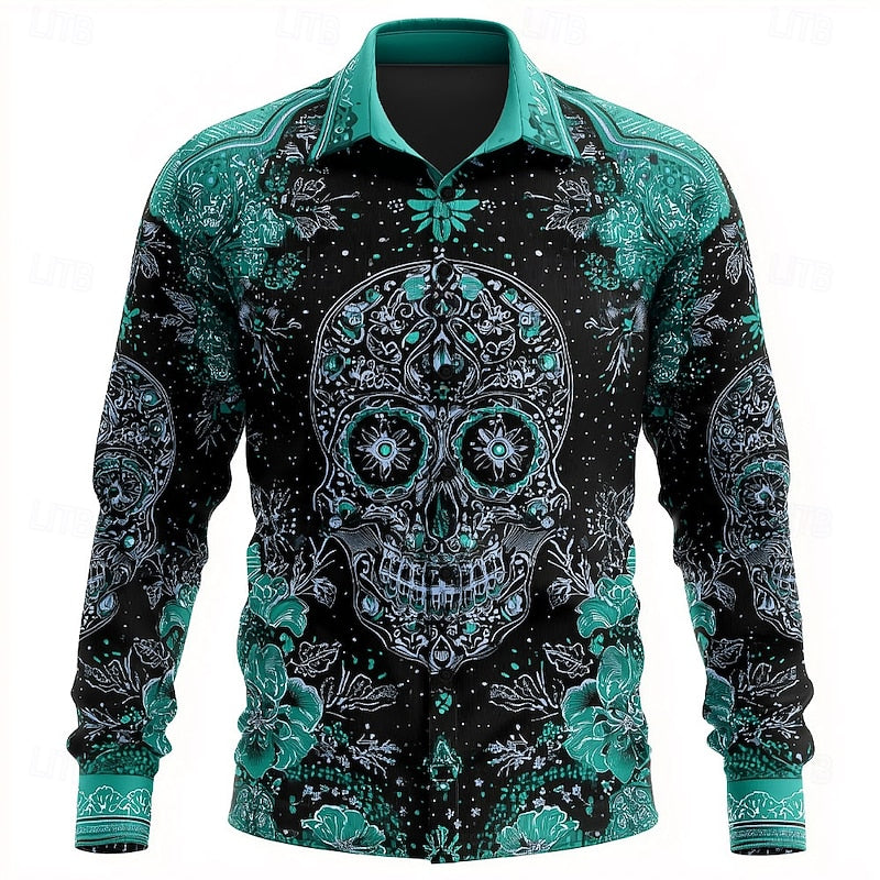 Long Sleeve Shirt Skull Floral Print Men's Button-Up – Casual, Holiday, Party, Gift