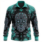 Long Sleeve Shirt Skull Floral Print Men's Button-Up – Casual, Holiday, Party, Gift