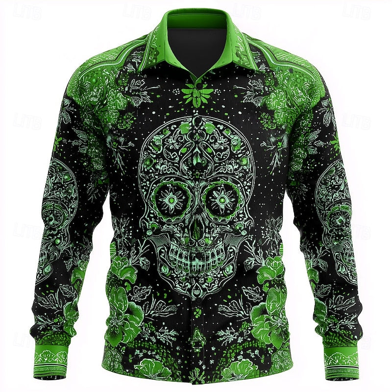Long Sleeve Shirt Skull Floral Print Men's Button-Up – Casual, Holiday, Party, Gift