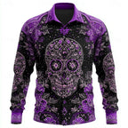 Long Sleeve Shirt Skull Floral Print Men's Button-Up – Casual, Holiday, Party, Gift