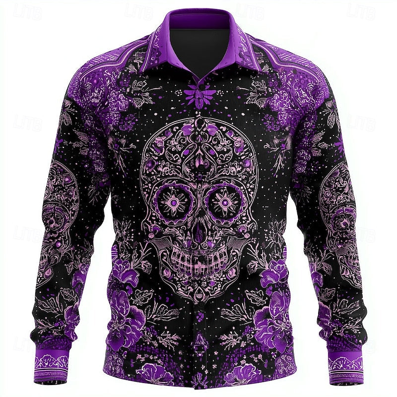 Long Sleeve Shirt Skull Floral Print Men's Button-Up – Casual, Holiday, Party, Gift