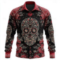 Long Sleeve Shirt Skull Floral Print Men's Button-Up – Casual, Holiday, Party, Gift