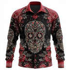 Long Sleeve Shirt Skull Floral Print Men's Button-Up – Casual, Holiday, Party, Gift