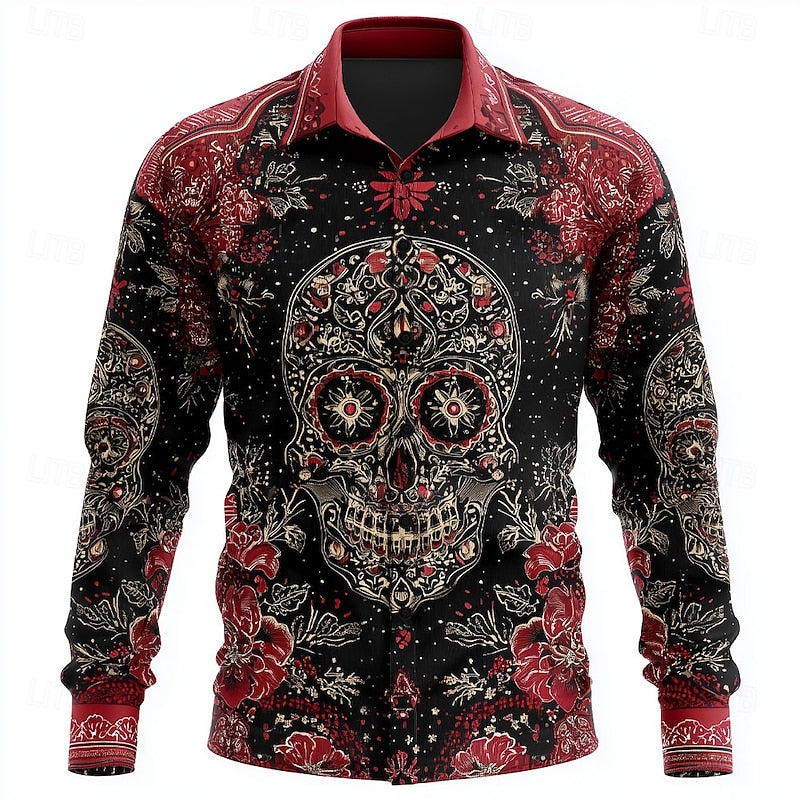 Long Sleeve Shirt Skull Floral Print Men's Button-Up – Casual, Holiday, Party, Gift