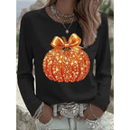 Long Sleeve T-Shirt Orange Women's Pumpkin Glitter Print Crew Neck Top – Casual, Halloween, Autumn, Gift