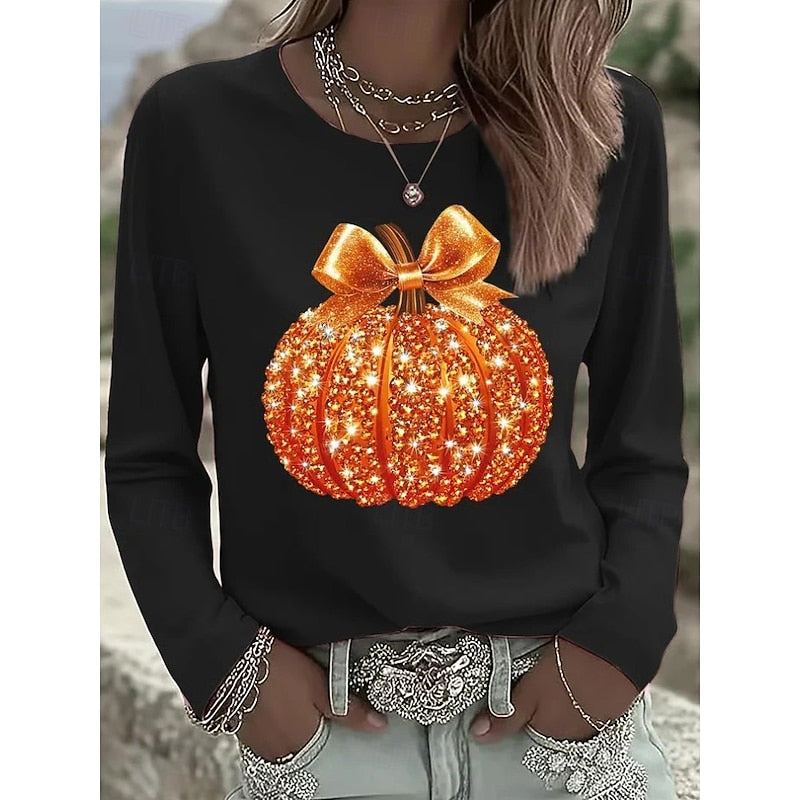 Long Sleeve T-Shirt Orange Women's Pumpkin Glitter Print Crew Neck Top – Casual, Halloween, Autumn, Gift