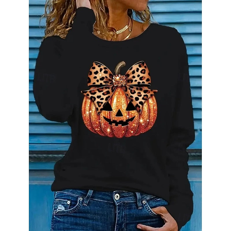 Long Sleeve T-Shirt Orange Women's Pumpkin Glitter Print Crew Neck Top – Casual, Halloween, Autumn, Gift