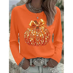 Long Sleeve T-Shirt Orange Women's Pumpkin Glitter Print Crew Neck Top – Casual, Halloween, Autumn, Gift