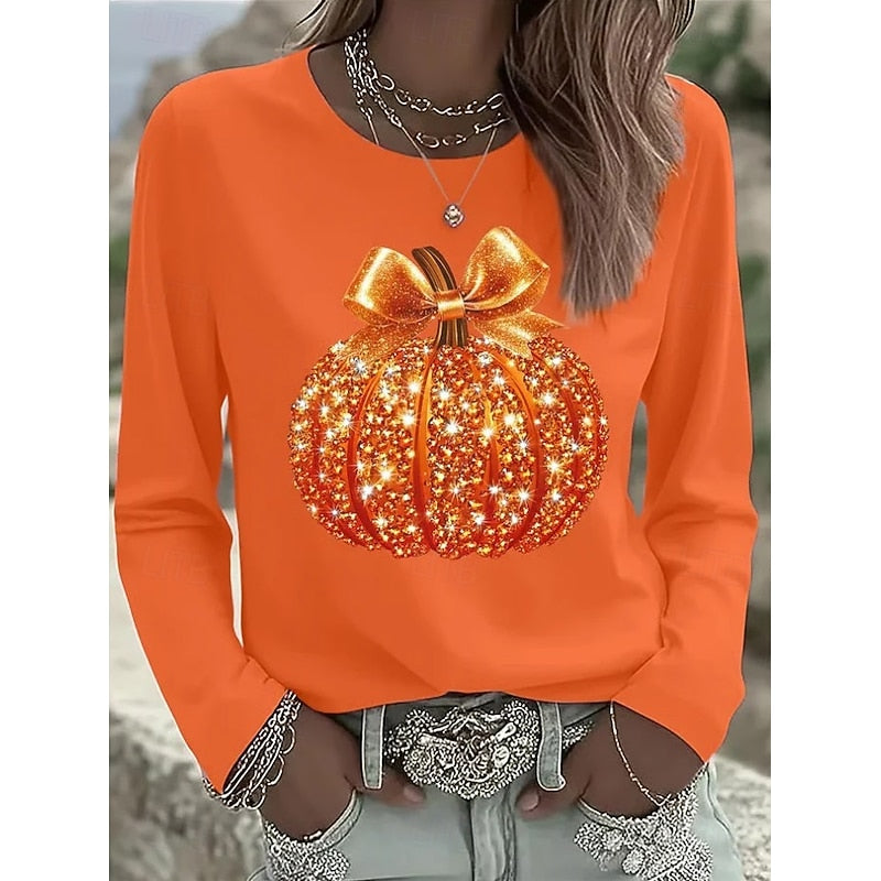 Long Sleeve T-Shirt Orange Women's Pumpkin Glitter Print Crew Neck Top – Casual, Halloween, Autumn, Gift