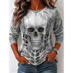 Long Sleeve Top Women's 3D Skull Print Crew Neck Beige Tee – Halloween, Casual, Gift