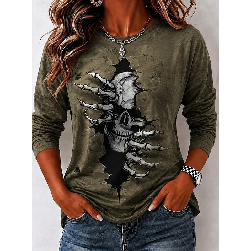 Long Sleeve Top Women's 3D Skull Print Crew Neck Beige Tee – Halloween, Casual, Gift