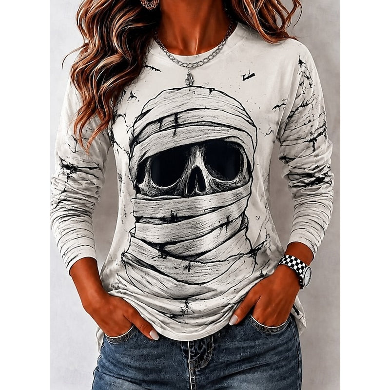 Long Sleeve Top Women's 3D Skull Print Crew Neck Beige Tee – Halloween, Casual, Gift