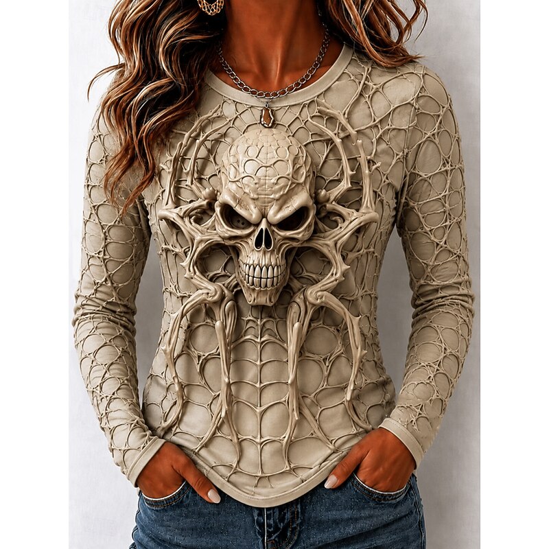 Long Sleeve Top Women's 3D Skull Print Crew Neck Beige Tee – Halloween, Casual, Gift