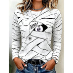Long Sleeve Top Women's Halloween Mummy Print Blue Crew Neck – Casual, Party, Autumn, Gift
