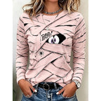 Long Sleeve Top Women's Halloween Mummy Print Blue Crew Neck – Casual, Party, Autumn, Gift