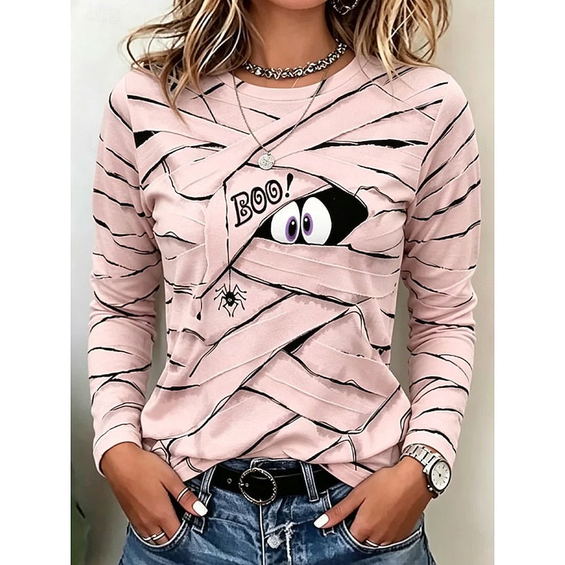 Long Sleeve Top Women's Halloween Mummy Print Blue Crew Neck – Casual, Party, Autumn, Gift