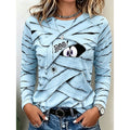 Long Sleeve Top Women's Halloween Mummy Print Blue Crew Neck – Casual, Party, Autumn, Gift