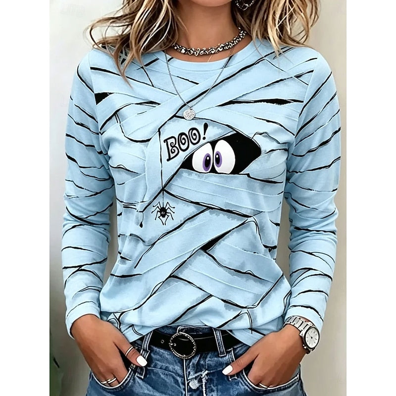 Long Sleeve Top Women's Halloween Mummy Print Blue Crew Neck – Casual, Party, Autumn, Gift