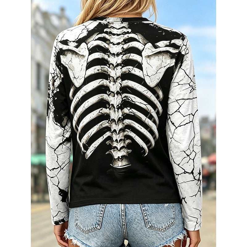 Long Sleeve Top Women's Skeleton Skull Print Black White Crew Neck – Halloween, Casual, Gift