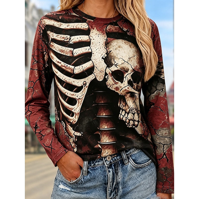 Long Sleeve Top Women's Skeleton Skull Print Black White Crew Neck – Halloween, Casual, Gift