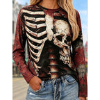 Long Sleeve Top Women's Skeleton Skull Print Black White Crew Neck – Halloween, Casual, Gift