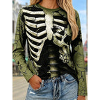 Long Sleeve Top Women's Skeleton Skull Print Black White Crew Neck – Halloween, Casual, Gift