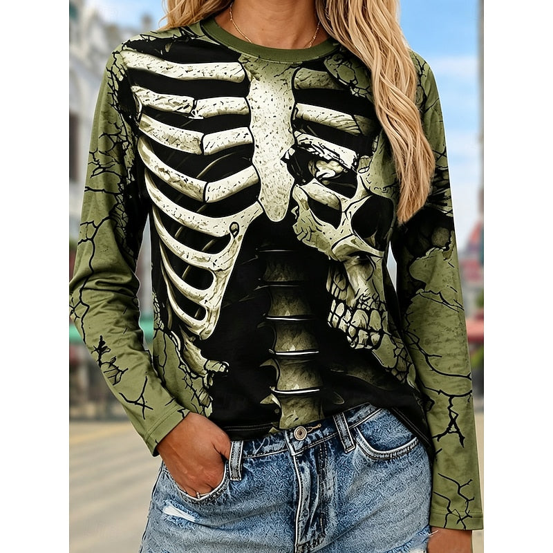 Long Sleeve Top Women's Skeleton Skull Print Black White Crew Neck – Halloween, Casual, Gift