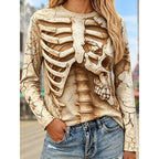 Long Sleeve Top Women's Skeleton Skull Print Black White Crew Neck – Halloween, Casual, Gift