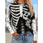 Long Sleeve Top Women's Skeleton Skull Print Black White Crew Neck – Halloween, Casual, Gift