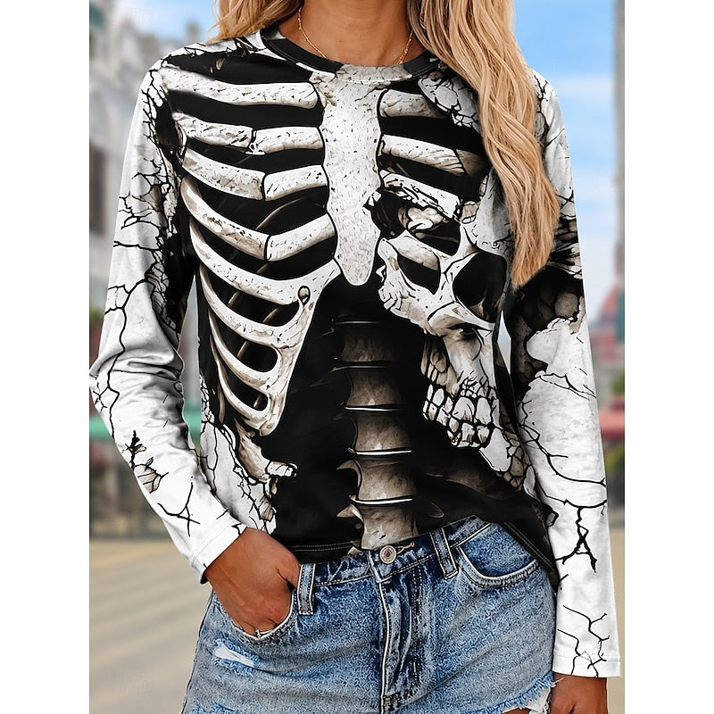 Long Sleeve Top Women's Skeleton Skull Print Black White Crew Neck – Halloween, Casual, Gift