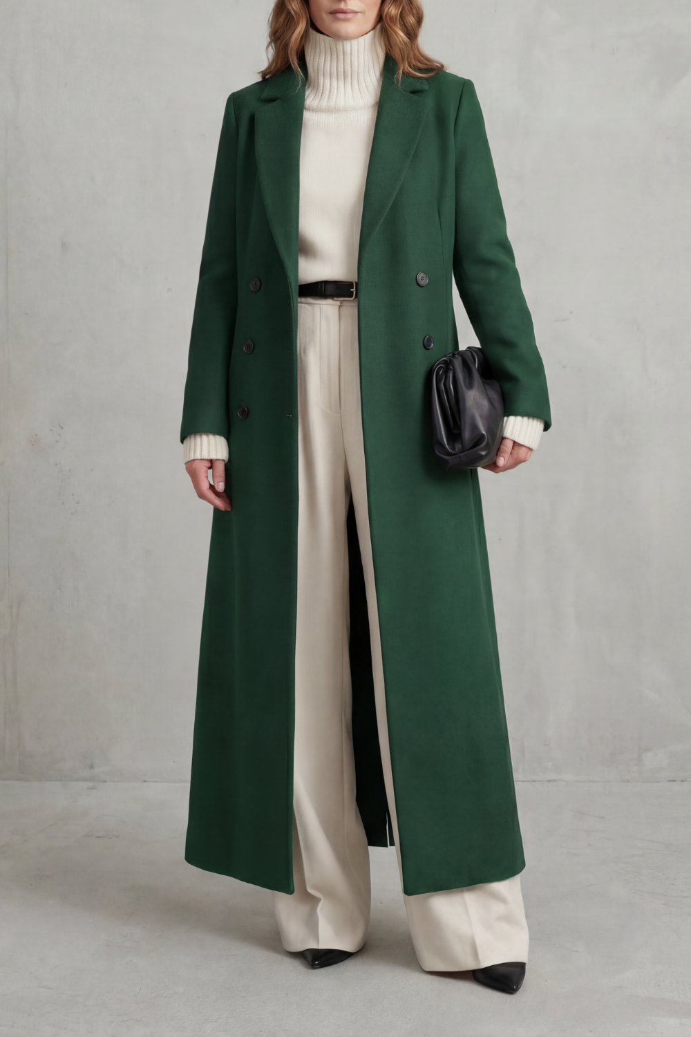 Long Wool Coat Black Women's Double-Breasted Maxi Overcoat – Office, Winter Casual