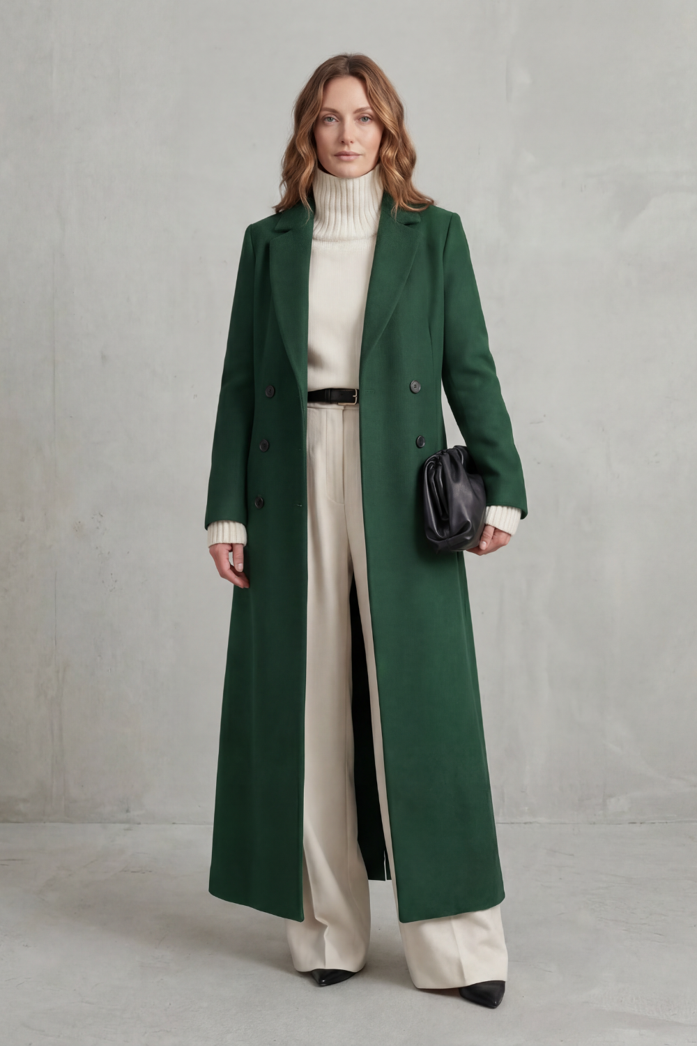 Long Wool Coat Black Women's Double-Breasted Maxi Overcoat – Office, Winter Casual