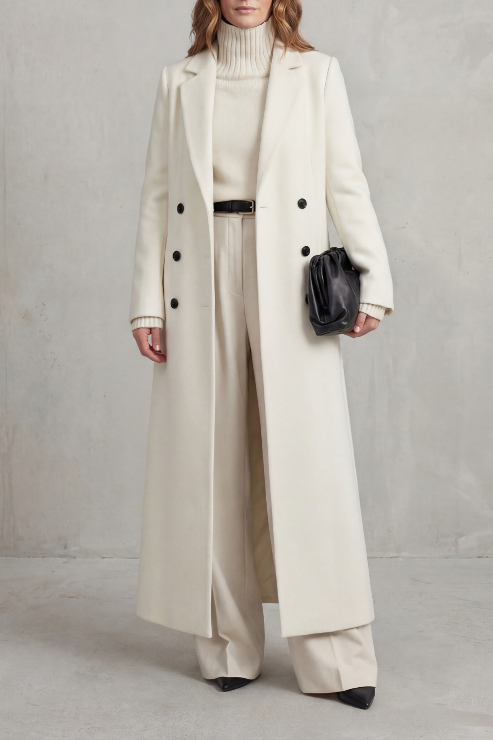 Long Wool Coat Black Women's Double-Breasted Maxi Overcoat – Office, Winter Casual