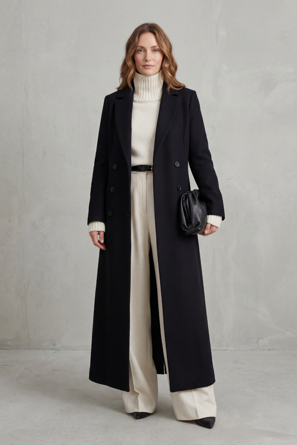 Long Wool Coat Black Women's Double-Breasted Maxi Overcoat – Office, Winter Casual