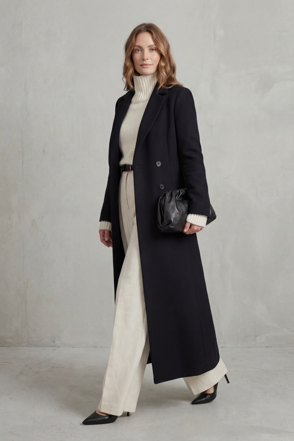 Long Wool Coat Black Women's Double-Breasted Maxi Overcoat – Office, Winter Casual