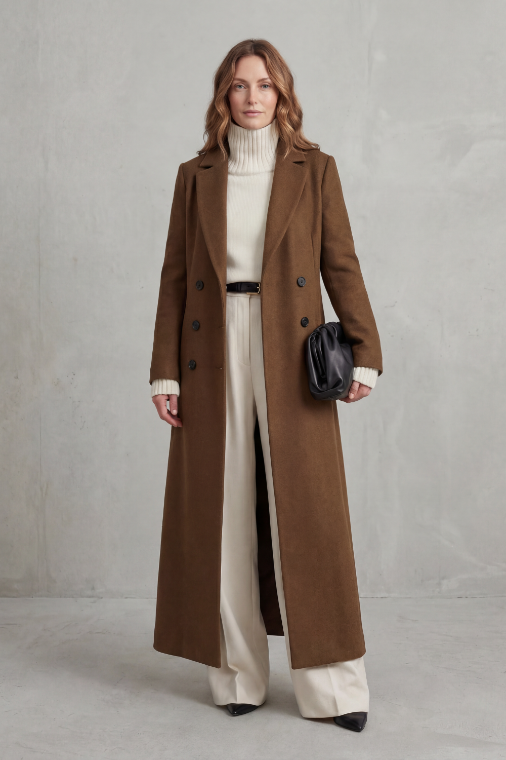 Long Wool Coat Black Women's Double-Breasted Maxi Overcoat – Office, Winter Casual