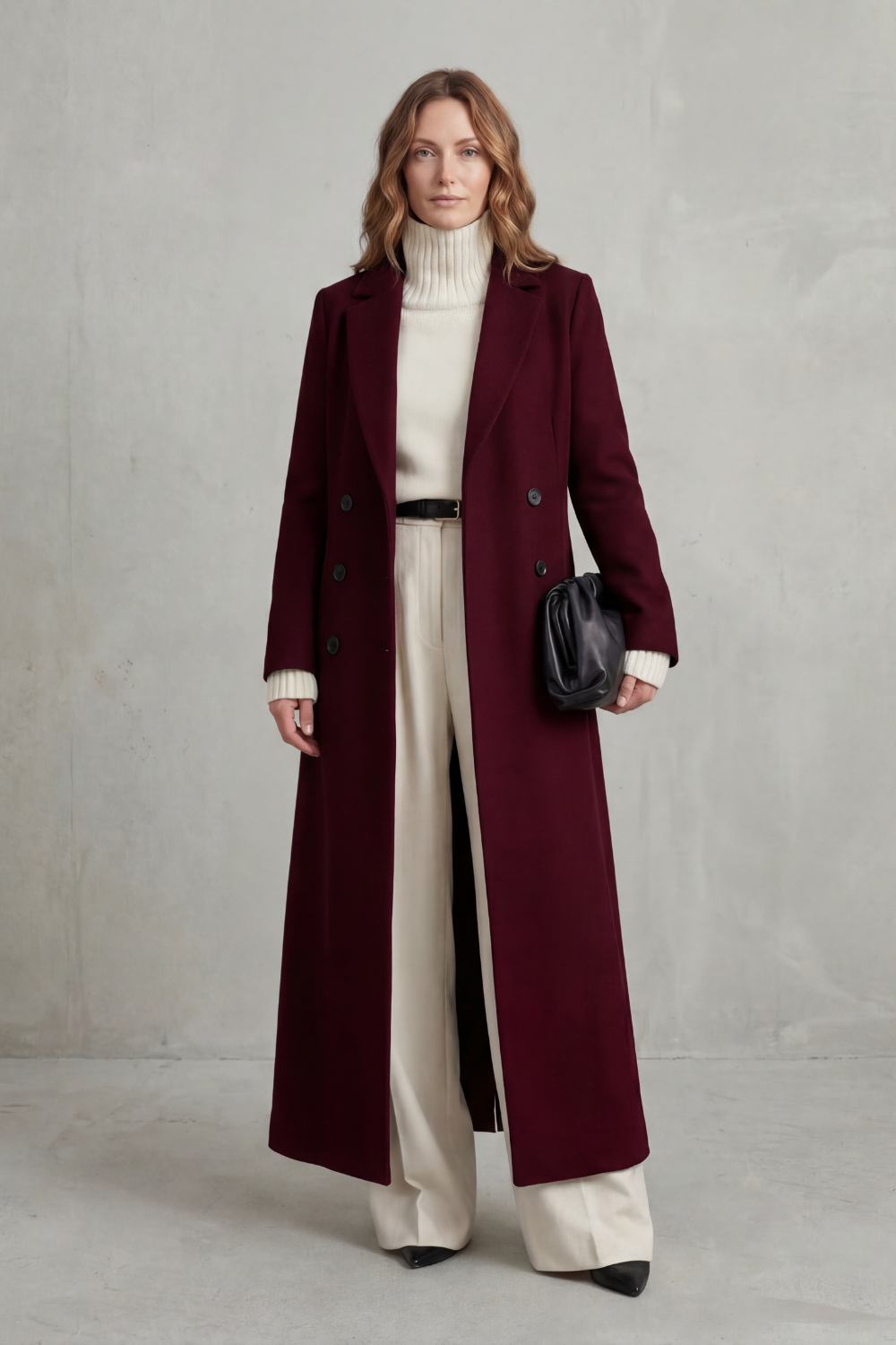 Long Wool Coat Black Women's Double-Breasted Maxi Overcoat – Office, Winter Casual